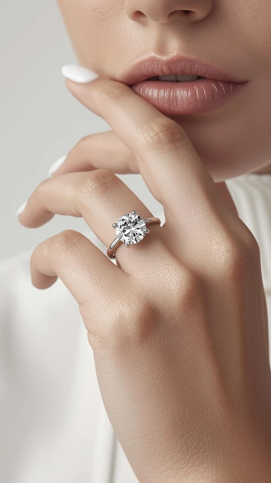 A woman resting her hand at her lips, wearing a round lab-grown diamond solitaire engagement ring
