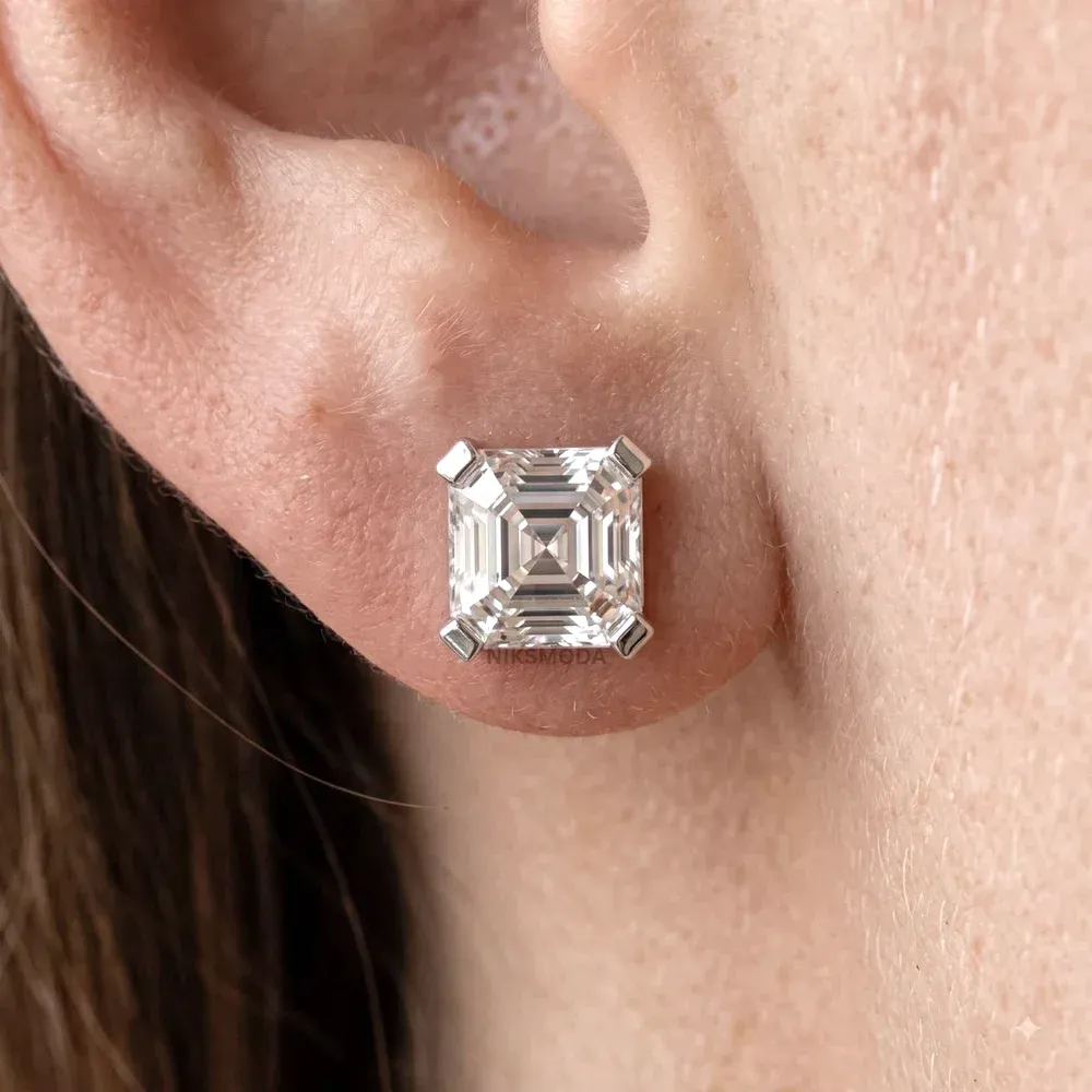 Asscher-cut diamond stud earring in a four-prong white gold setting
