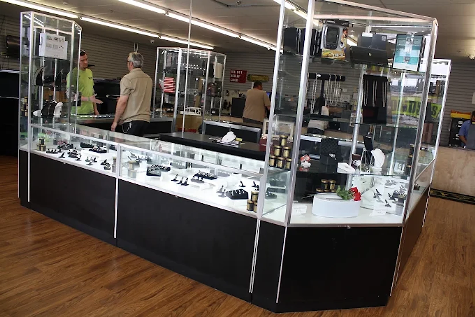 Glass jewelry showcases inside The Money Vault