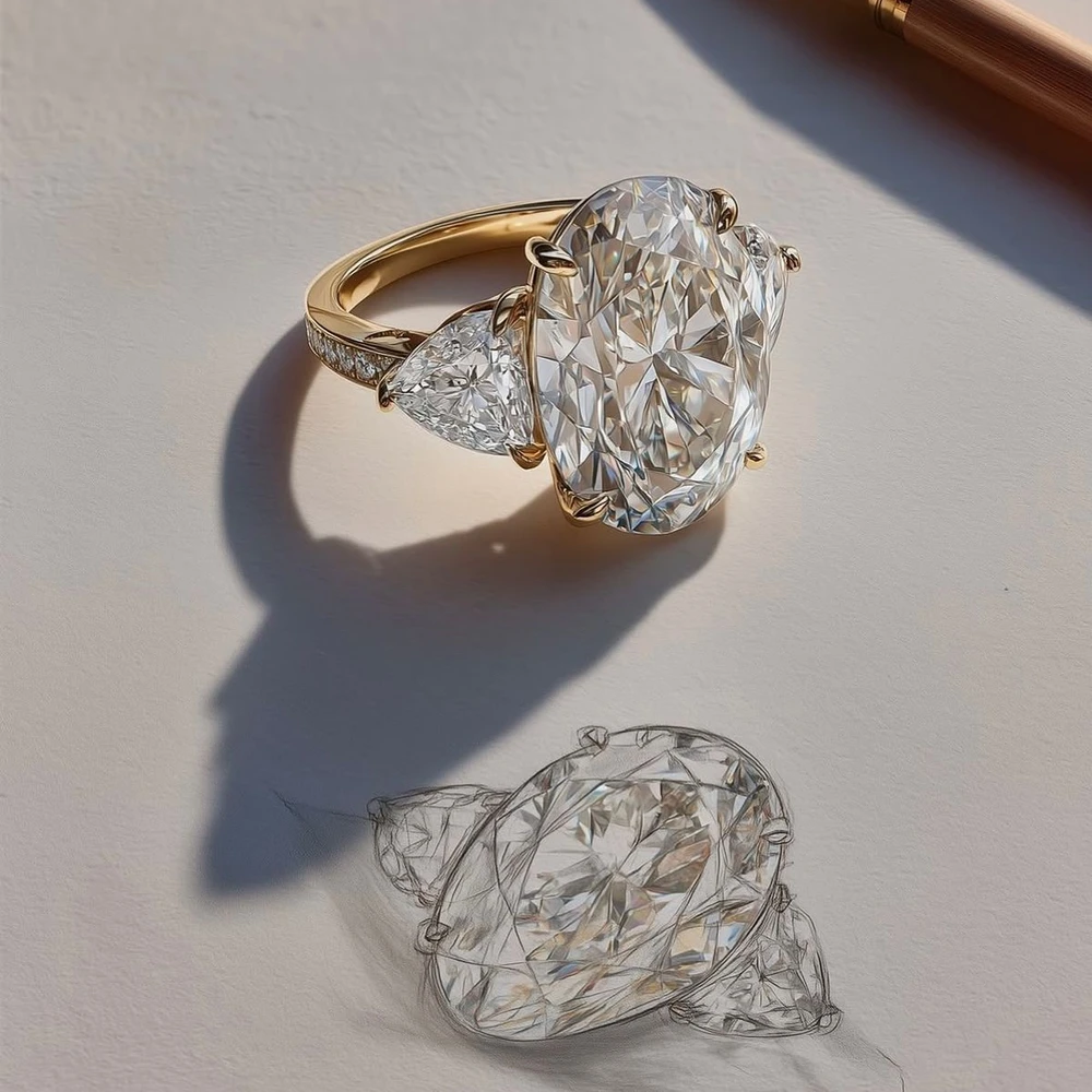 An oval three-stone ring in yellow gold resting beside its pencil design sketch